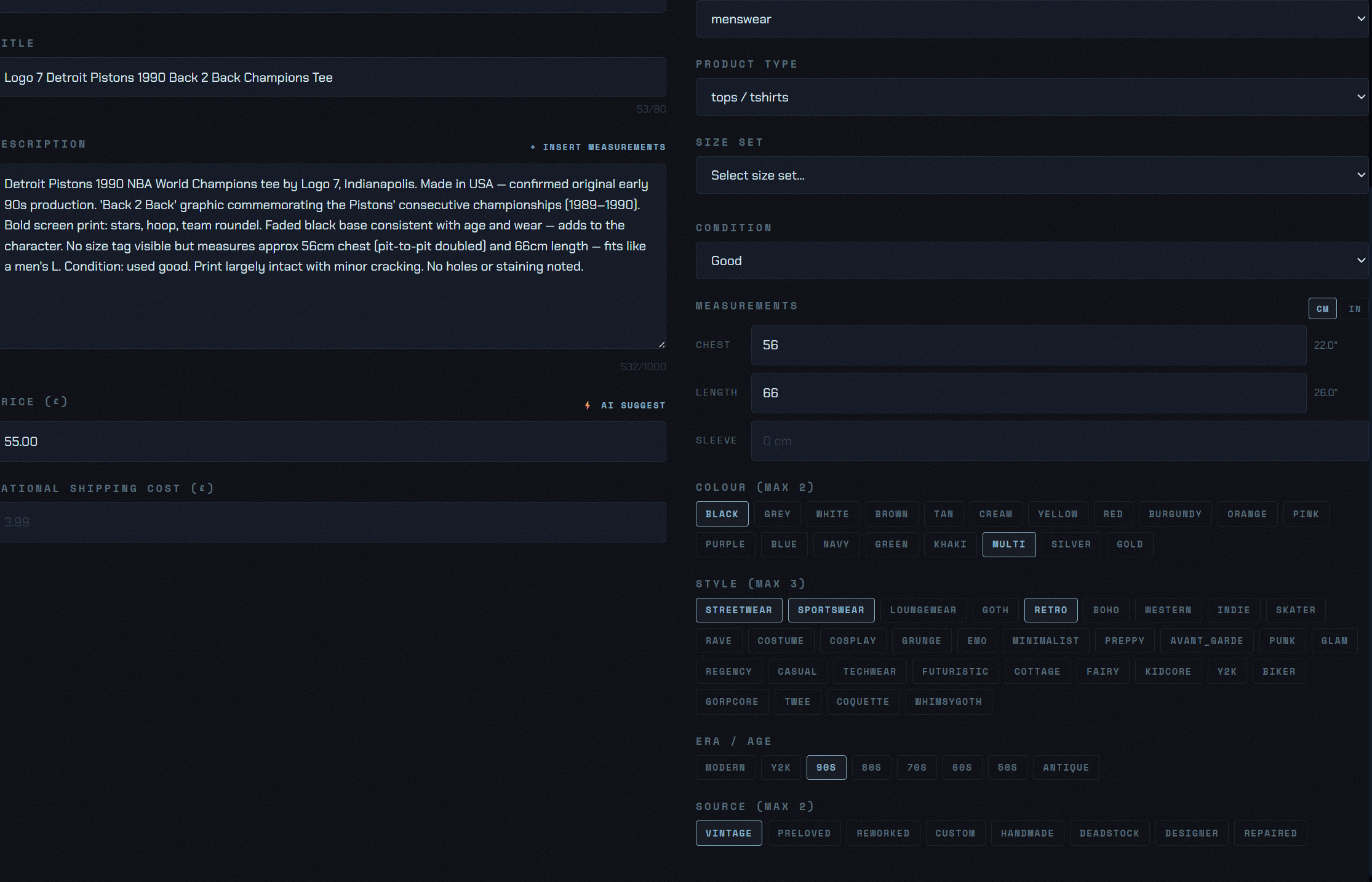 SenatePop Full Editor — complete listing form with all fields, measurements, category, and publish controls